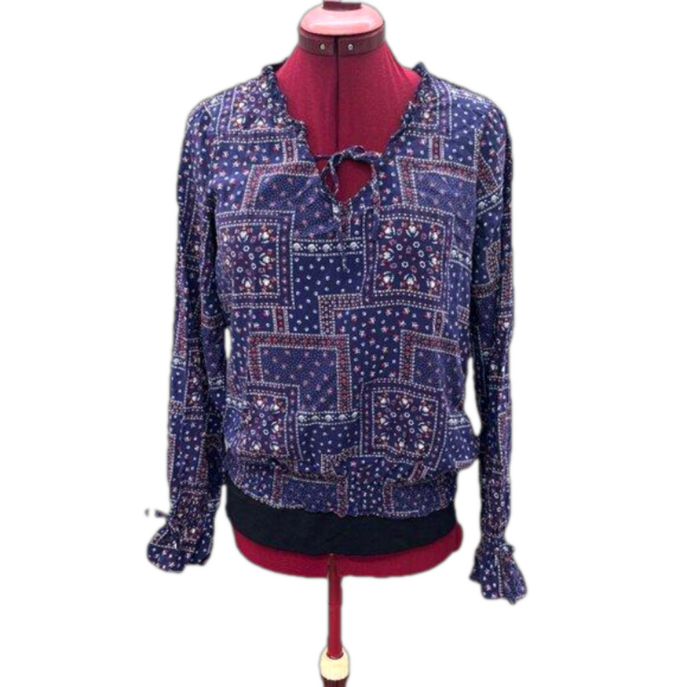 KVL Mosaic Smock Blouse Long Raglan Sleeves Elastic Cuffs Ties Elastic Waistband